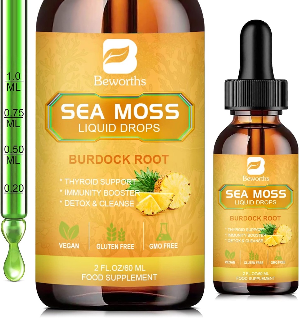 Sea Moss Liquid Drops - Organic Irish Sea Moss Gel med Spirulina, Bladderwrack, Burdock Root, Pinapple Seamoss Gel tillæg til fælles, Detox Cleanse & fordøjelsesstøtte - 2 Fl Oz, Vegan