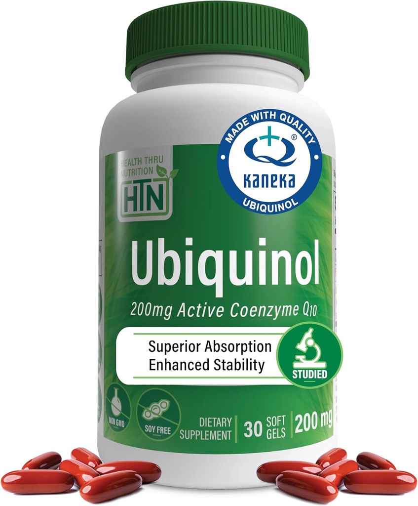Health Thru Nutrition Ubiquinol 200mg 30 Softgels as Kaneka QH Reduceret CoQ- 10- 124; Stabiliseret - 3. part Testet med 124; Forbedret biotilgængelighed af 124; Kardiovaskulær & Mitokondria Funktionssupport af 124; Non- GMO