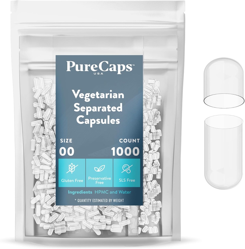PureCaps USA - Tom vegetarisk og Vegansk Pille Kapsler Størrelse 00 Note 124; 1.000 Separated Pills