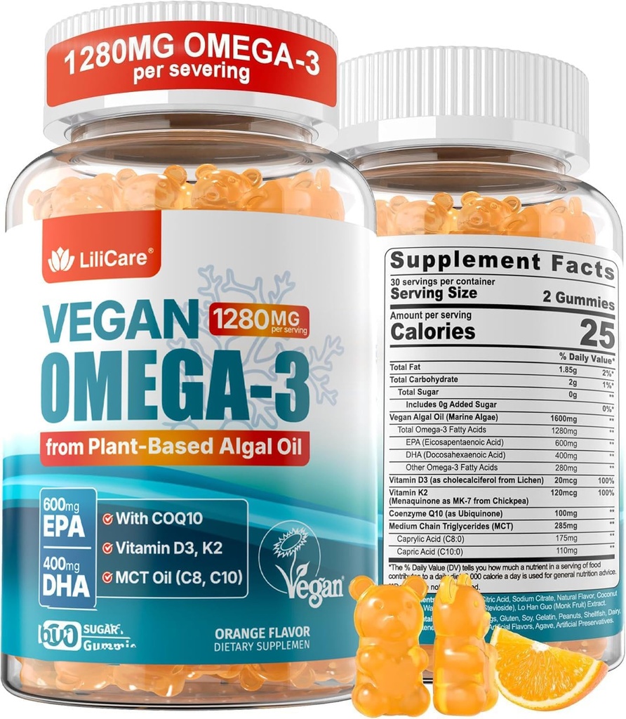 Vegan Omega-3 Gummies 1280mg + COQ10 + vitamin D3 K2 (MK7), Omega 3 Fish Oil Alternative for voksne w / EPA 600mg DHA 400mg & MCT Olie, Ingen fisk smag fra Marine Algae, for Brain, Eye, Immunity, 1 Pack