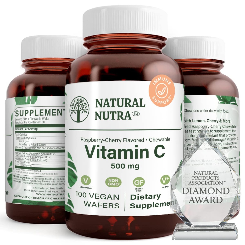 Naturlige Nutra C-vitamin supplement til børn og voksne, immunbooster, Hjælper understøtter ben sundhed, Beskyt hud og hjerte sundhed, vegetabilsk kilde, 500 mg, 100 Vegan Wafers