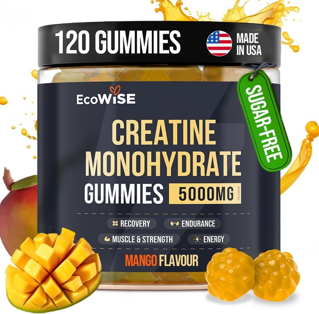 EcoWise Wellness Creatinine Monohydrat Gummies 5000 mg, Mango Flavor, 120 sukkerfri Vegansk tykkelser, Kreatin supplement til daglig rutine