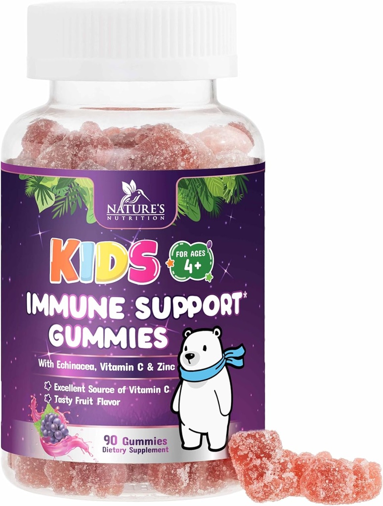 Kids Immunsupport Gummies - C-vitamin, Zink & Echinacea, Børns Daglige immunforsvar Support Gummies for Age 4 og Up, Naturens Vitaminer for Børn, Vegan & Non- GMO, Berry Flavor - 90 Gummies