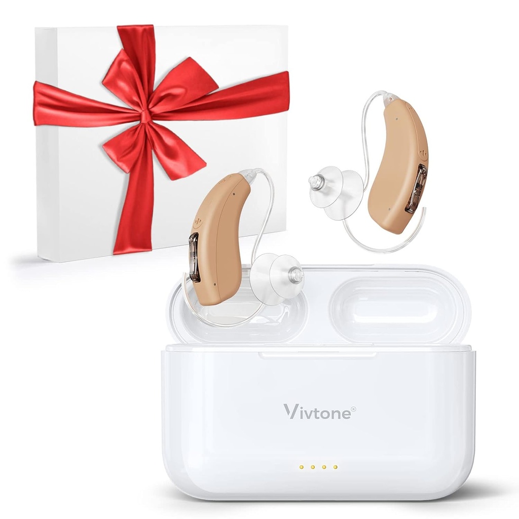 Genopladelige høreapparater for seniorer voksne, Advanced Multi Channel Digital BTE Hearing Assist, med Genbrug Charging Case for 125 Hrs Backup Power, Auto-On / Off, Par, Lucid508 - A