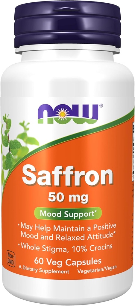Now Foods Supplements, Saffron Hel Herb 50 mg med 10% Crocins, 60 Veg Kapsler med mikrokrystallinsk cellulose, hypromellose (cellulose kapsel), stearinsyre (vegetabilsk kilde) og siliciumdioxid