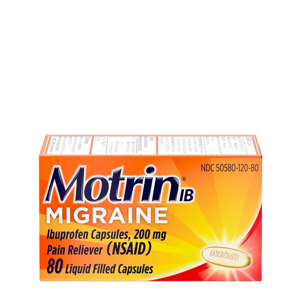 Motrin IB Migræne Relief Liquid Gel Kapsler med 200 mg Ibuprofen per kapsel, Hurtig & effektiv Migræne Hovedpine Medicin med NSAID Smerte Reliever Ibuprofen, Caffe- Free, 80 ng
