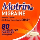 Motrin IB Migræne Relief Liquid Gel Kapsler med 200 mg Ibuprofen per kapsel, Hurtig & effektiv Migræne Hovedpine Medicin med NSAID Smerte Reliever Ibuprofen, Caffe- Free, 80 ng