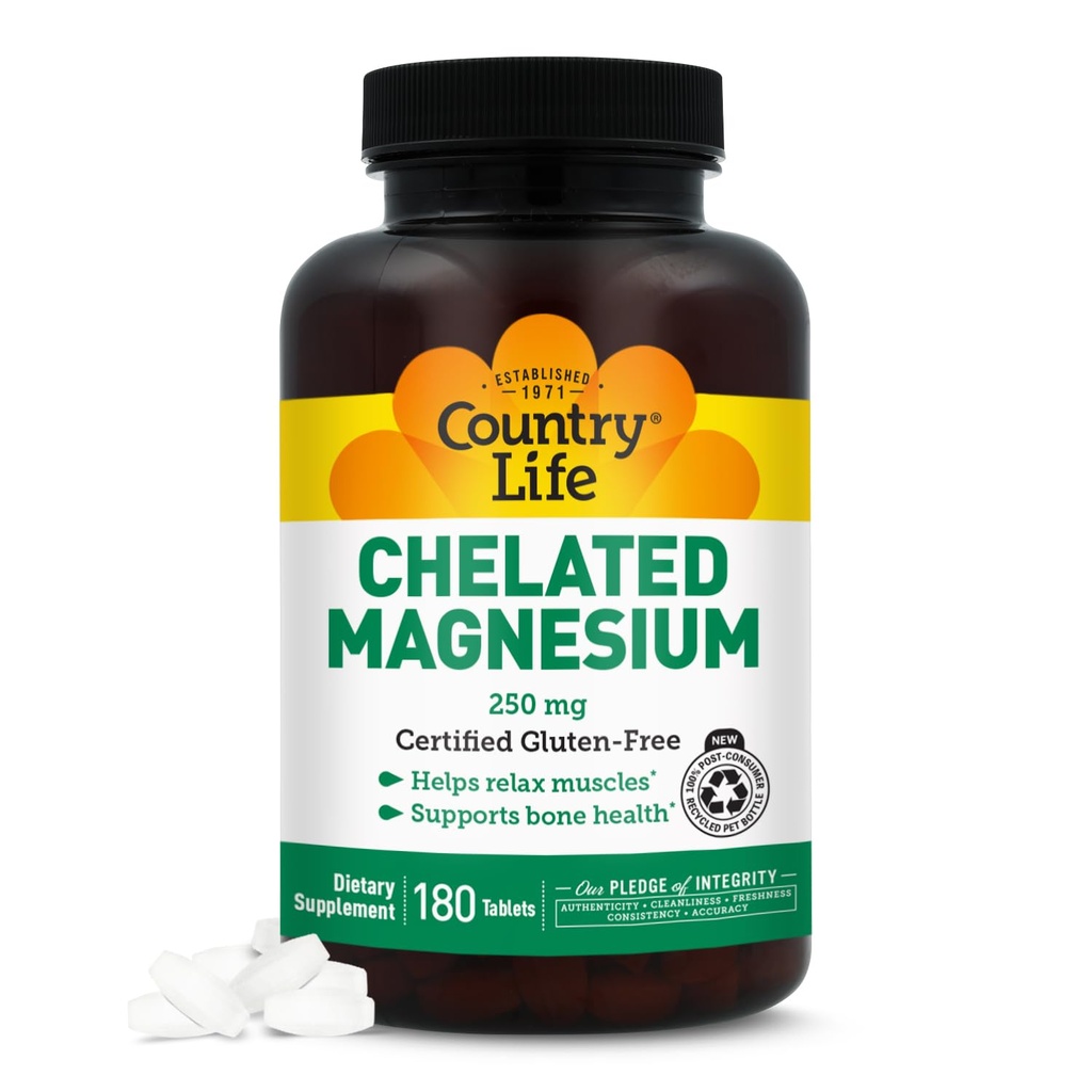 Country Life Chelated Magnesium 250 mg - Understøtter hjerte, ben og muskel sundhed, Vegan- Friendly Magnesium supplement med Magnesiumoxid og Aminosyrechelat, Gluten- fri