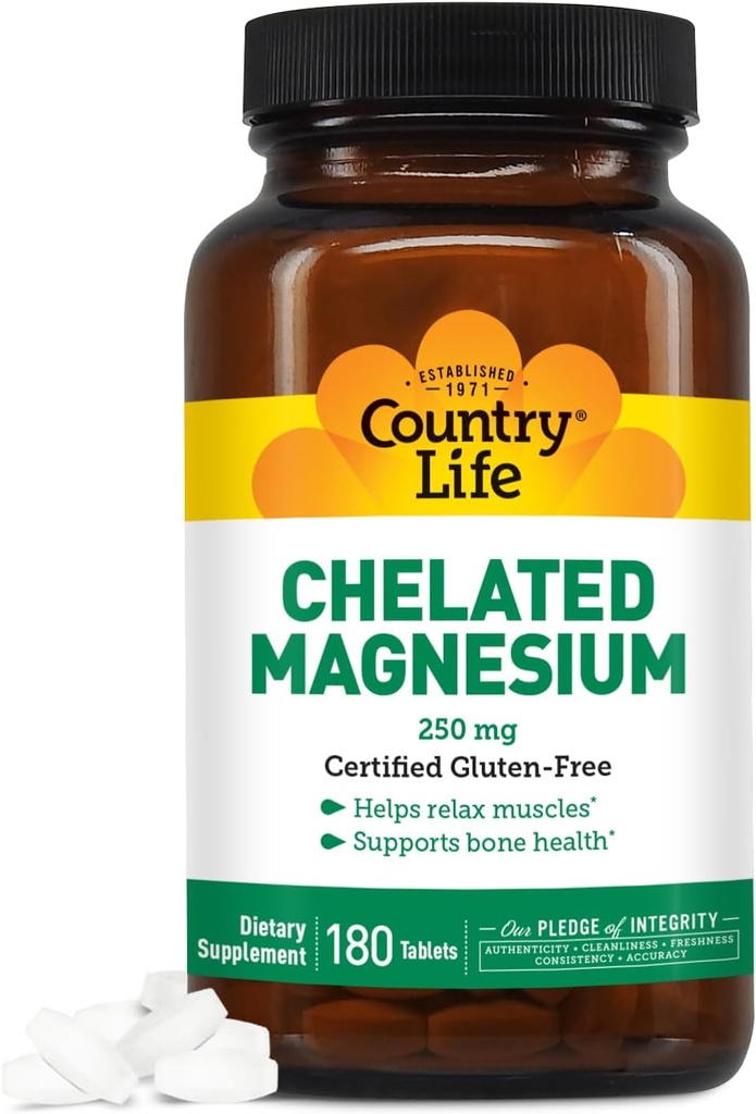 Country Life Chelated Magnesium 250 mg - Understøtter hjerte, ben og muskel sundhed, Vegan- Friendly Magnesium supplement med Magnesiumoxid og Aminosyrechelat, Gluten- fri