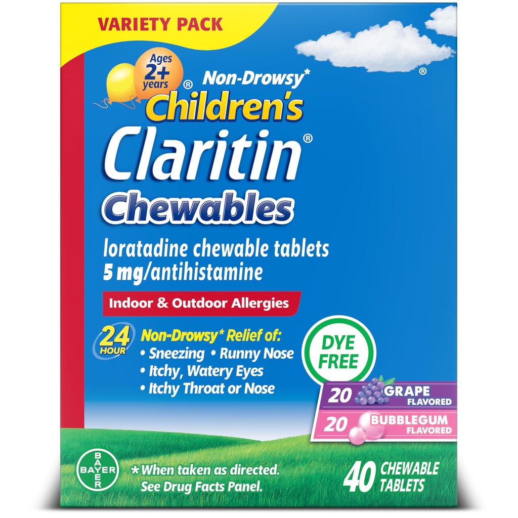 Claritin Børneallergi Medicin, 24- timers non- Drowsy Loraze5mg tyggetabletter, Antihistamin til børn i alderen 2 år og ældre, Grape & Bubble Gum Flavors, 40 tabletter
