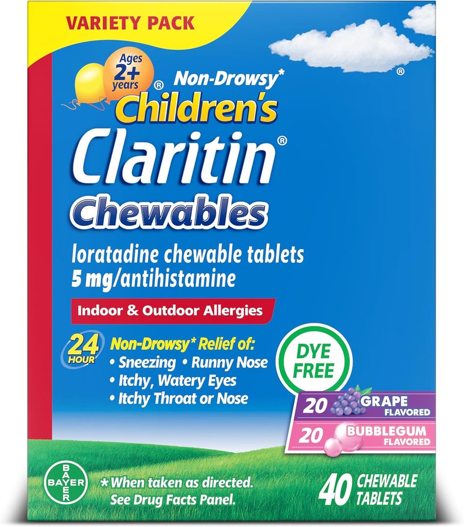 Claritin Børneallergi Medicin, 24- timers non- Drowsy Loraze5mg tyggetabletter, Antihistamin til børn i alderen 2 år og ældre, Grape & Bubble Gum Flavors, 40 tabletter