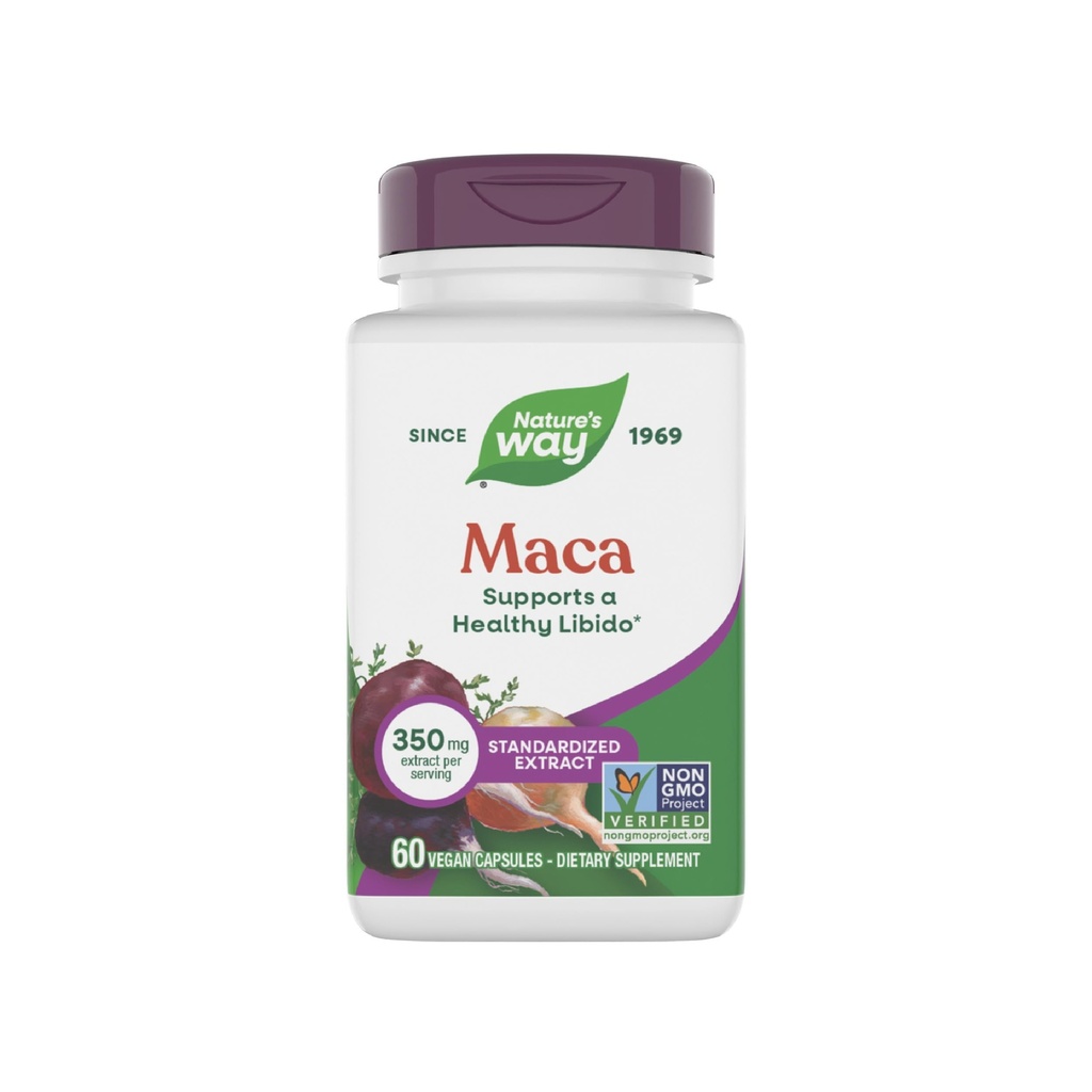 Nature 's Way Maca Standardized Extract, Understøtter en sund Libido *, Standardized til 0,6% Glucosinolater, Non- GMO Project Verified, 60 Veganske kapsler (Packaging May Vary)