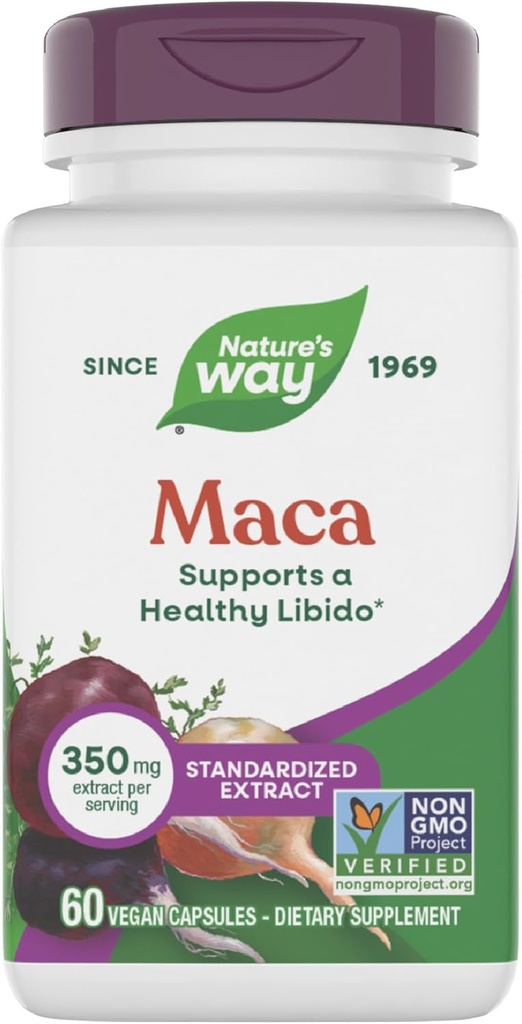 Nature 's Way Maca Standardized Extract, Understøtter en sund Libido *, Standardized til 0,6% Glucosinolater, Non- GMO Project Verified, 60 Veganske kapsler (Packaging May Vary)
