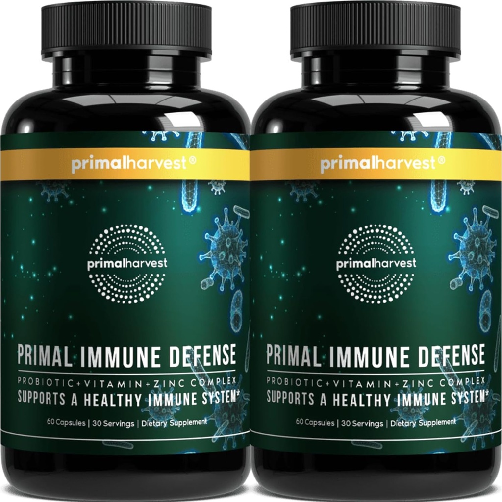 Primær Harvest Primær immunforsvar: 10- in-1 immunforsvar med probiotika, zink, vitaminer C, B6, D3 & K2, immunbooster for voksne 60 kapsler (2 - Pack)