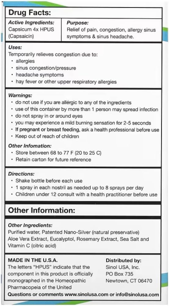 SinolM, All- Natural Nasal Relief Spray for Fast Allergy & Sinus Relief, 15 ml (pakke med 2)