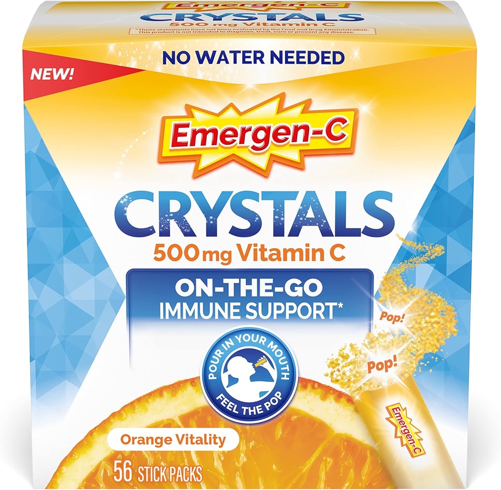 Emergen- C krystaller, On- the- Go Emergen- C immunstøtte supplement med vitamin C, B vitaminer, zink og mangan, Orange Vitality - 56 Stick Packs