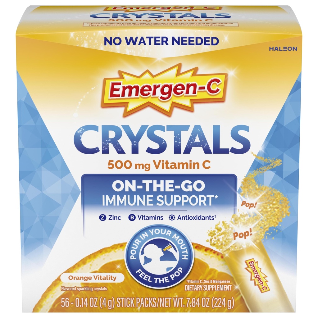 Emergen- C krystaller, On- the- Go Emergen- C immunstøtte supplement med vitamin C, B vitaminer, zink og mangan, Orange Vitality - 56 Stick Packs