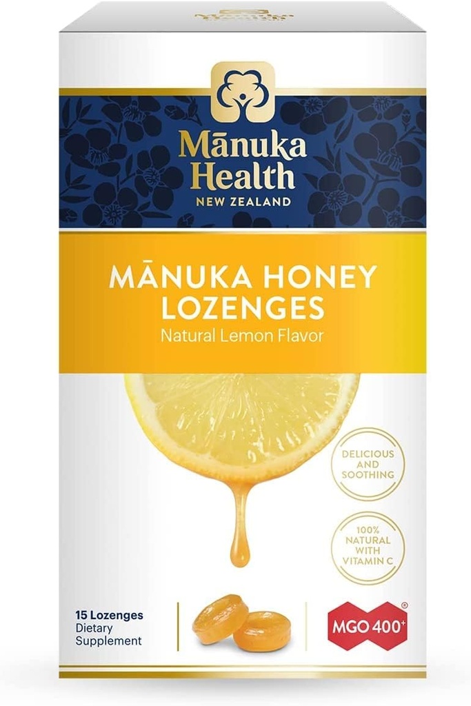 Manuka Health Manuka Honey Lozenges - 15 Lemon Flavored Lozenges - Natural Throat Lozenges Infunderes med rå Manuka honning og C-vitamin til immunforsvar