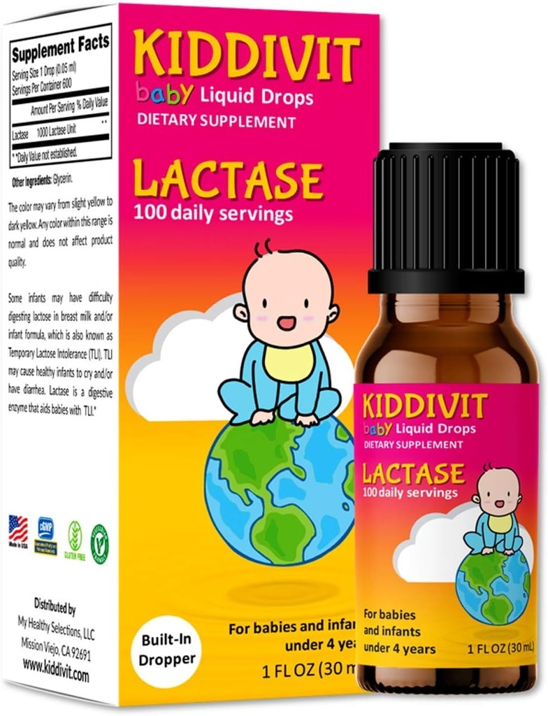 Kiddivit Baby Lactase Drops 1000 Units – Gentle Digestive Support Enzyme Supplement – 100 Daily Servings – Built-in Dropper, Glass Bottle – Gluten Free, Vegetarian, 1oz