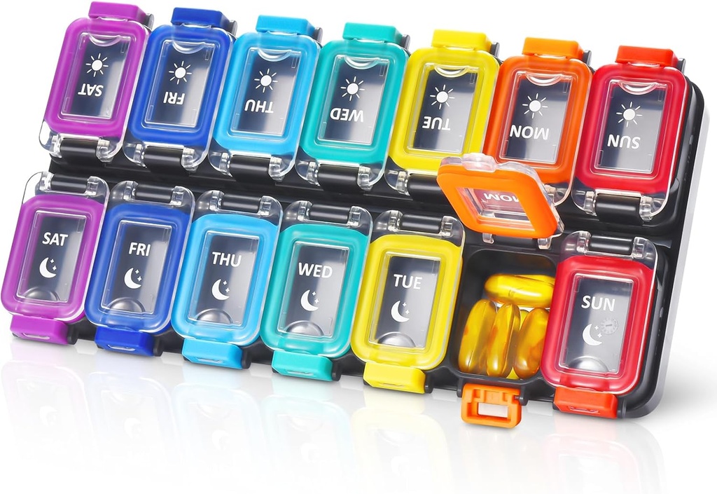 Fullicon Fugt Bevis Pill Organizer 2 gange om dagen, Stor 7 Dag Box, Spille Bevis Case, Rejse Container, Medicin Organizer med sikre låg (Rainbow Black)