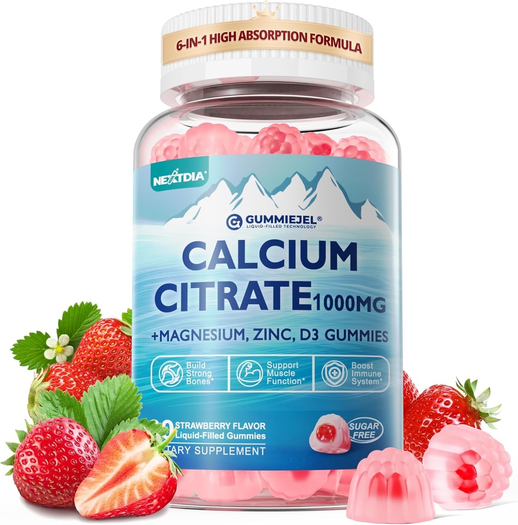 Calciumcitrat Supplement 1000mg for kvinder & mænd, 6- in-1 Calcium Magnesium Zinkgummier + vitamin D3, B6 & Kalium Høj Absorption for knogler, tænder, muskel & nerve sundhed, Vegan, sukker fri, 60Cts