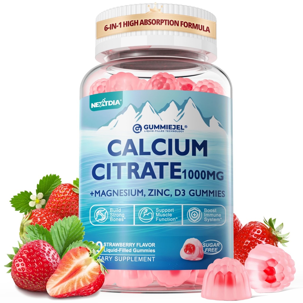 Calciumcitrat Supplement 1000mg for kvinder & mænd, 6- in-1 Calcium Magnesium Zinkgummier + vitamin D3, B6 & Kalium Høj Absorption for knogler, tænder, muskel & nerve sundhed, Vegan, sukker fri, 60Cts
