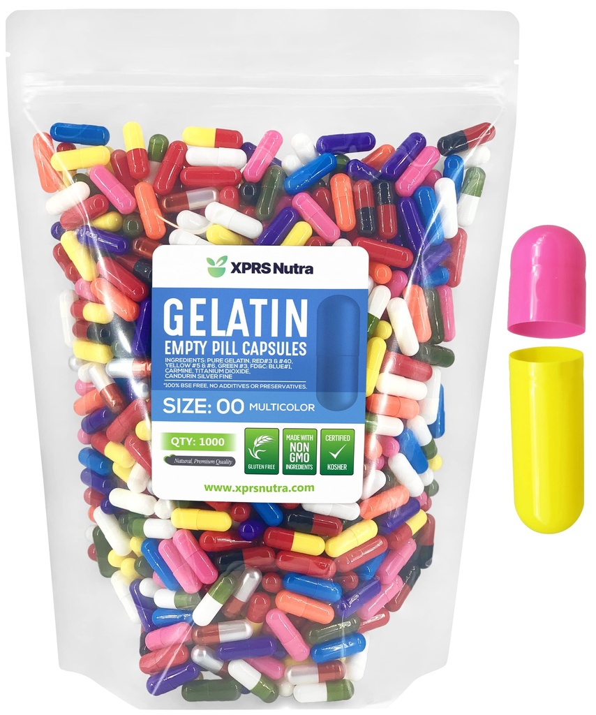 XPRS Nutra Size 00 Empty Capsules - 1000 Count Empty Gelatin Capsules - DIY Filling - Fillable Pills Gel Caps for Do-It-Yourself Supplements (Multi Color)