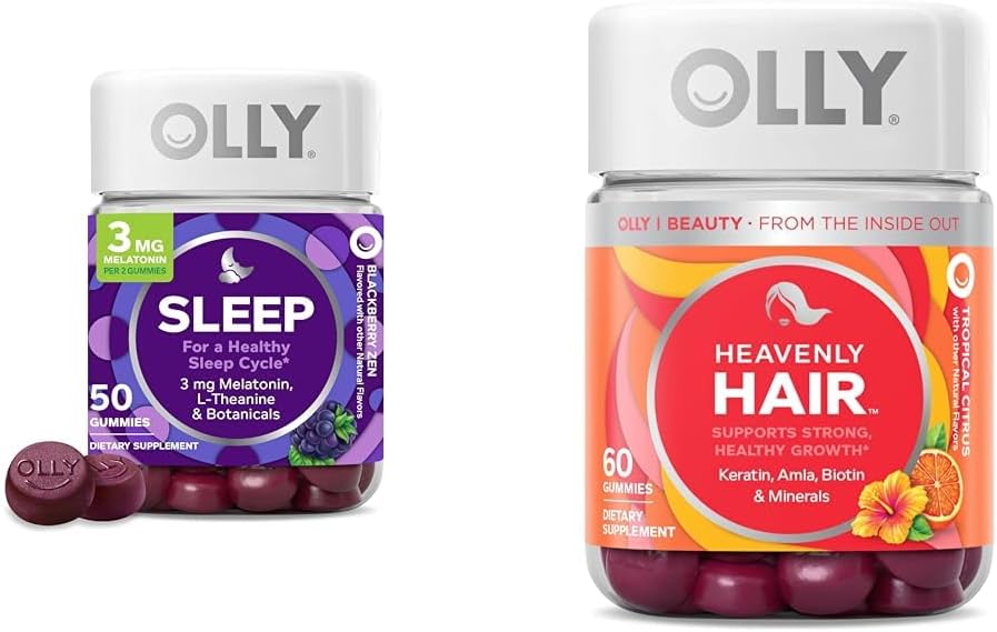 OLLY Sleep Gummy med Melatonin, L- Theanin, Botanicals, BlackBerry Flavor, 50 Grev & Heavenly Hår Gummy med Keratin, Biotin, AMLA, Tropical Orange Flavor, 60 Grev Bundle