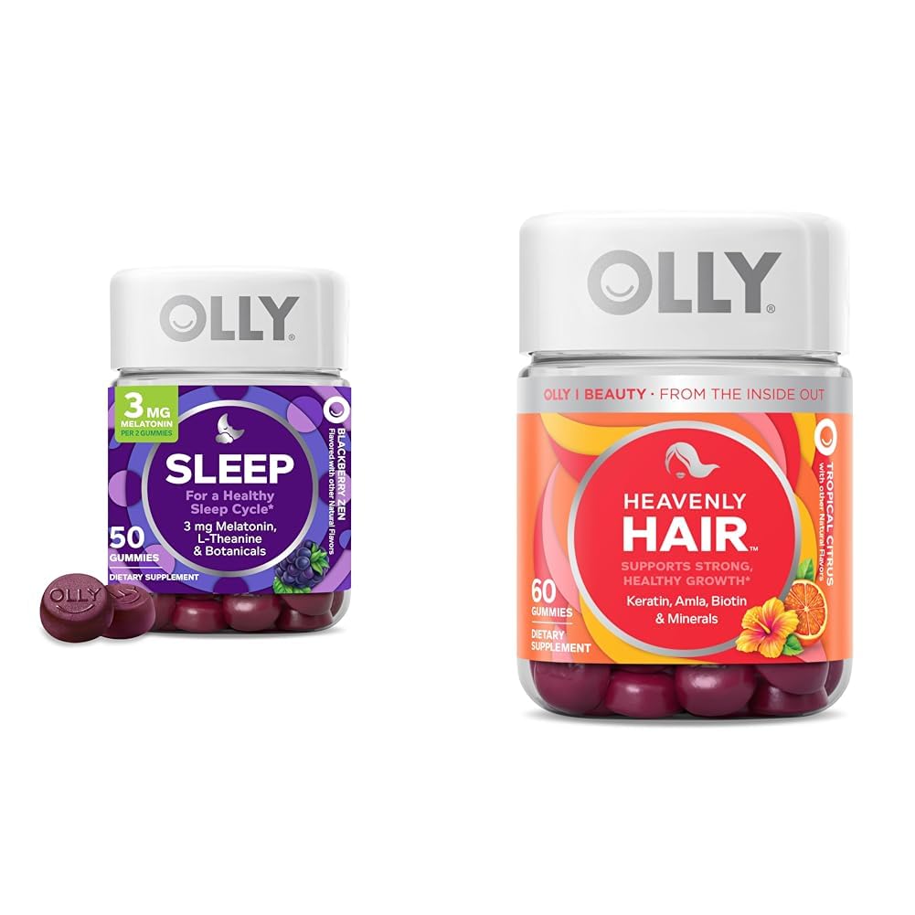 OLLY Sleep Gummy med Melatonin, L- Theanin, Botanicals, BlackBerry Flavor, 50 Grev & Heavenly Hår Gummy med Keratin, Biotin, AMLA, Tropical Orange Flavor, 60 Grev Bundle