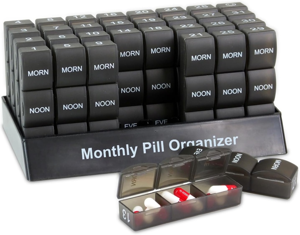 Deke Home - Monthly Pill Organizer 3 Times a Day, 30 Day Pill Box with AM PM Compartments, Large Monthly Medicine Organizer for Vitamins, Supplements & Medication, Travel-Friendly Pill Case, BPA Free