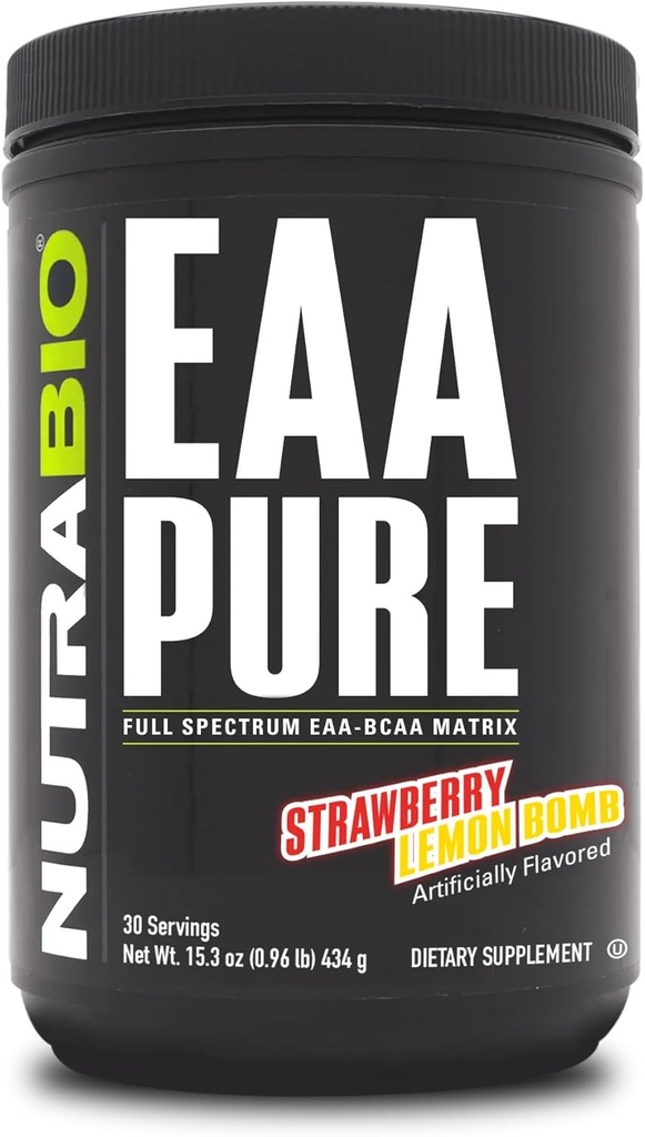 NutraBio - EAA Pure - 9 Aminosyrer - Muskel Reparation og Inddrivelse, 30 Servering, Jordbær Lemon Bombe - Pre eller Post Workout - All Day Recovery