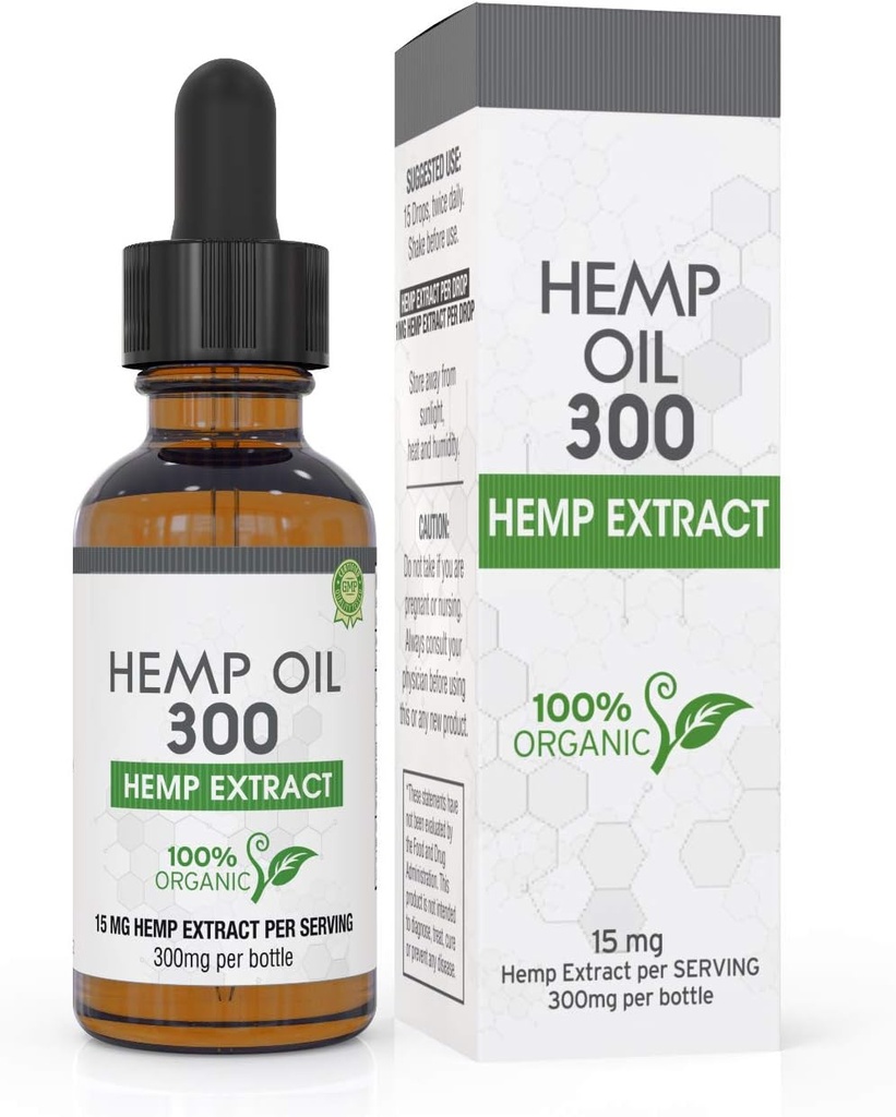 Absolute Nutrition Hamp Oil 300mg - 100% Organic Hamp Drops - Rig i Omega Fedtsyrer 3 6 9 - Vokset og Lavet i USA - med MCT Oil