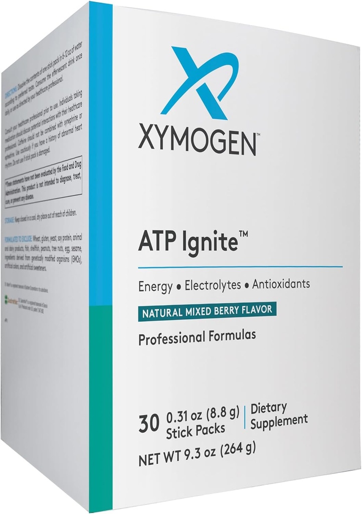 XYMOGEN ATP Izite Revitalizing Energy Drink Powder - Understøtter Electrolyte Erstatning + ATP Biosyntese med antioxidanter, Aminos, Vitamin, Electrolytes + 95mg Koffein (30 blandet berry stick pakker)