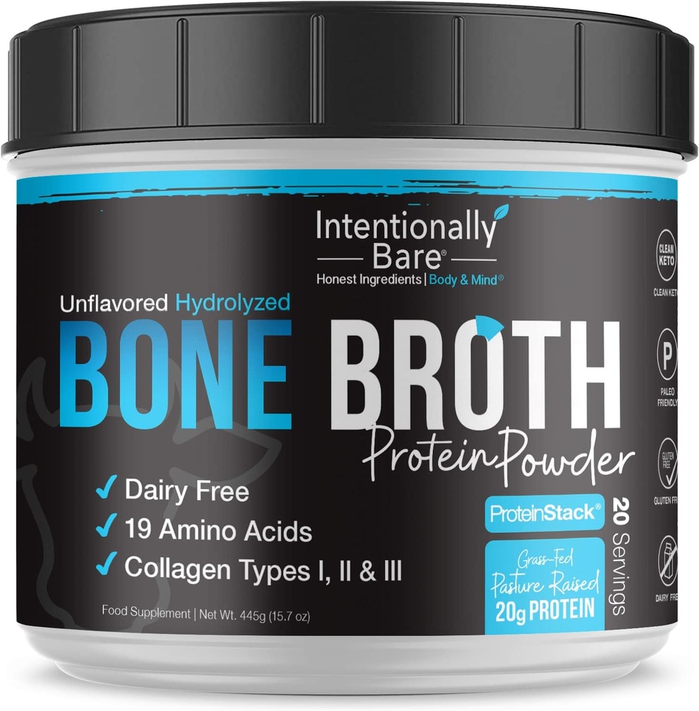 Intentionally Bare Bone Broth Protein Powder Unflavored - Græs Fed Protein Powder med Multi Collagen Peptider type 1 2 og 3 - Dairy Free Bone Broth Powder for Skin, Gut og fælles - 20 Serveringer