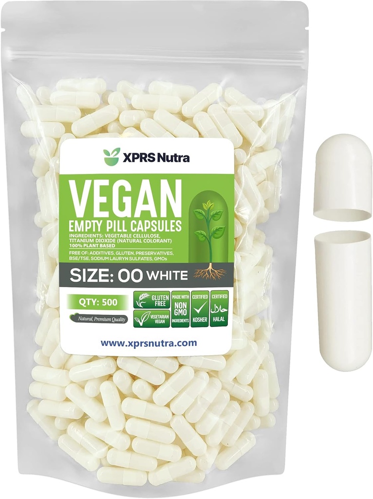 XPRS Nutra Størrelse 00 Tomme kapsler - 500 Grev Tomme Veganske kapsler - Vegetarisk Tomme piller - Du Vegetabilske Kapsler Filling- Veggie Pill Caps (hvid)