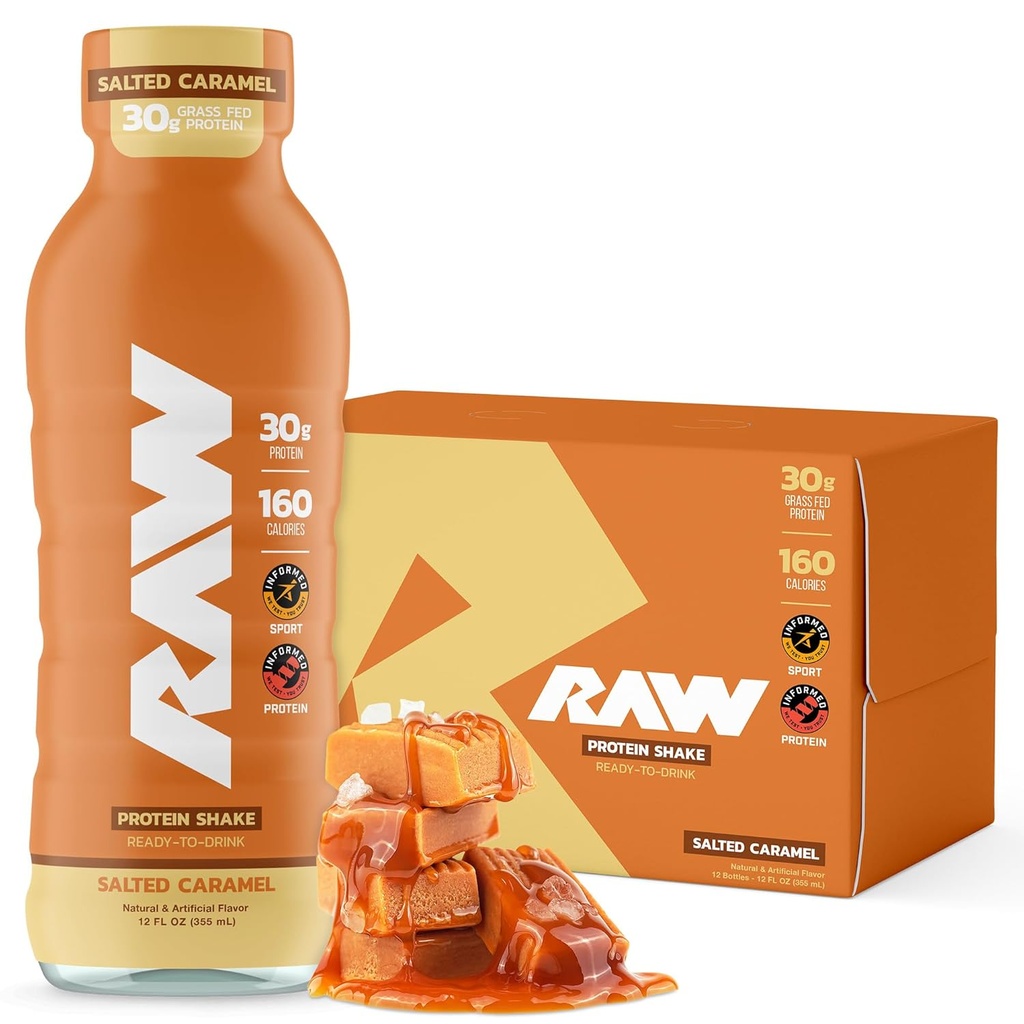 RAW Ready-to-Drink Protein Shake, Salted Caramel - RTD Protein Drinks with Grass-Fed Whey Protein Isolate for Post-Workout - Zero-Sugar & Gluten-Free Meal Replacement Drink & Breakfast Shake, 12 Fl Oz
