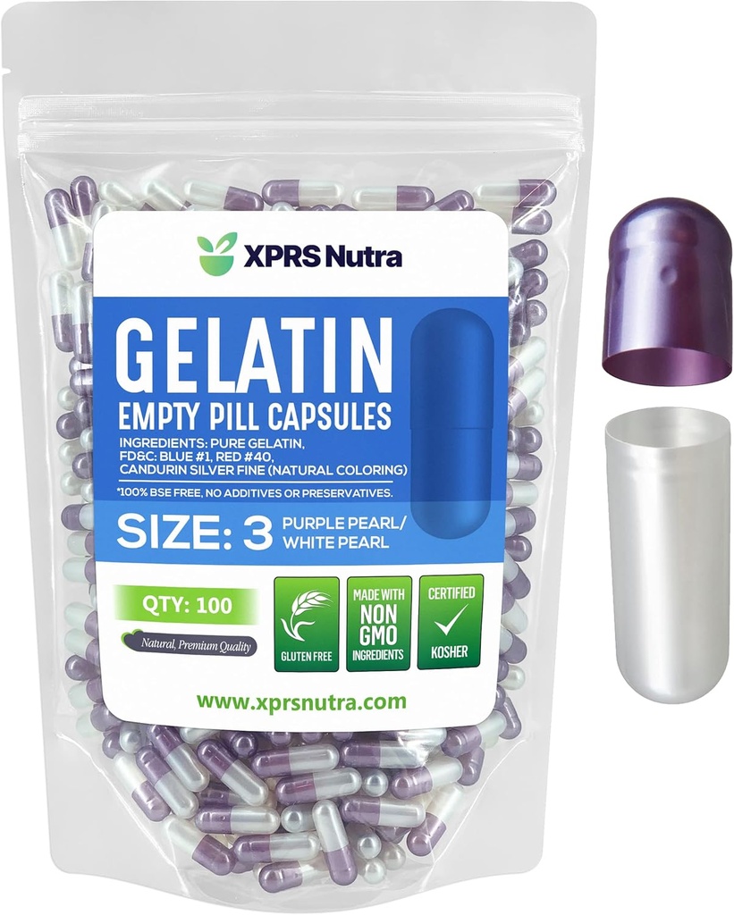 XPRS Nutra Size 3 Empty Capsules - 100 Count Empty Gelatin Capsules - Pills DIY Capsule Filling - Pure Bovine Pill Gel Caps for Do-It-Yourself Supplements (Pearl Purple/White)