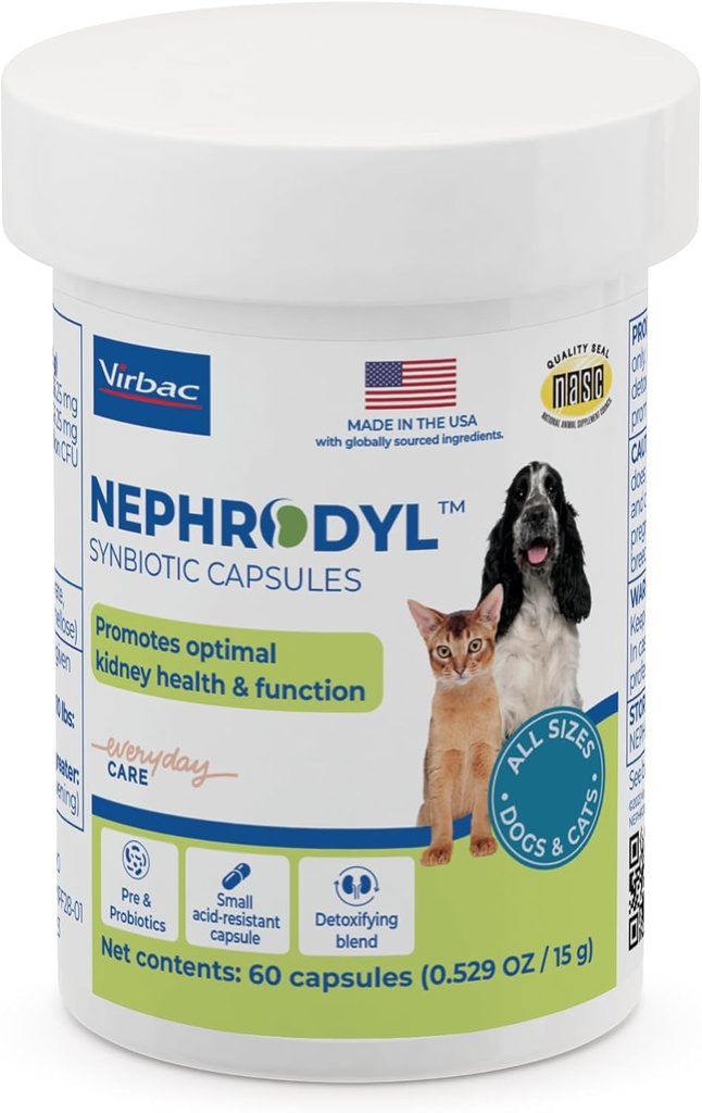 NEPHRODYL Synbiotiske kapsler - Nyretilskud til katte og hunde, Probiotika & Prebiotika til fordøjelsessygdomme, små & easy- to- sluge kapsler, Lavet i USA- 60 Ct