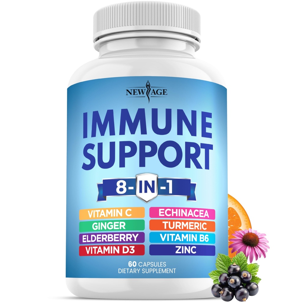 NEW AGE 8 i 1 immunforsvar Booster tillæg med Echinacea, C-vitamin og zink 50mg, D-vitamin 5000 IE, gurkemeje & Ingefær, B6, Elderberry 60 Greve (pakke med 1)