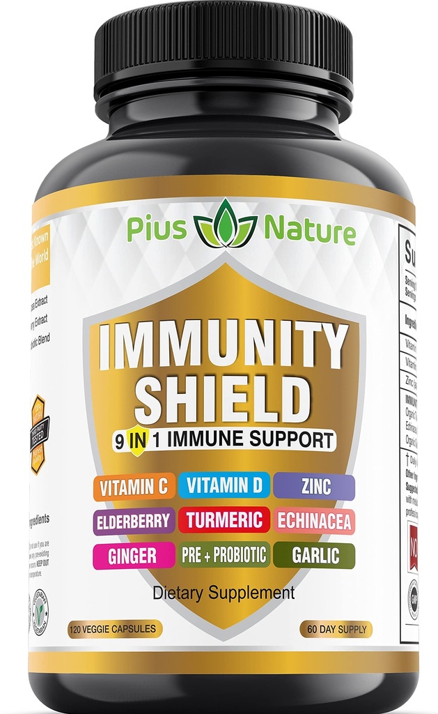 9-in-1 Immunsupportvitamin C (1000 mg), D3- vitamin (5000 IE), Zink (22mg) med Elderberry, Gurkemeje, Echinacea, Ingefær, Hvidløg og Pre + Pro- biotic per servering (120 kapsler per flaske - 2 måneder Tilgang)