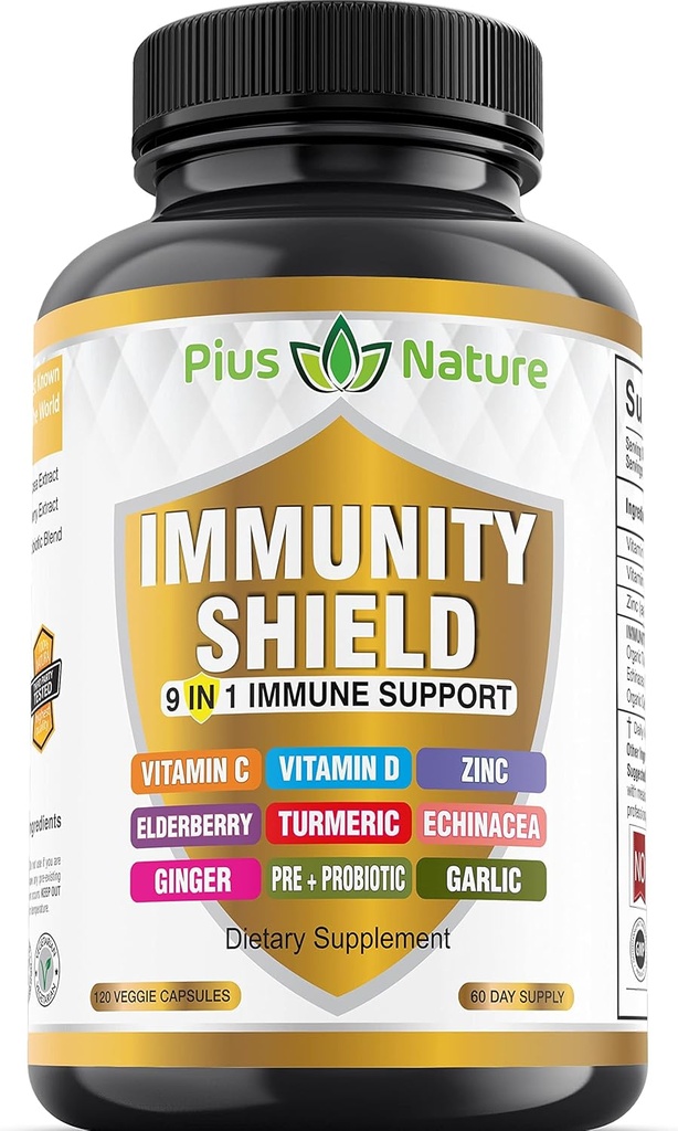 9-in-1 Immunsupportvitamin C (1000 mg), D3- vitamin (5000 IE), Zink (22mg) med Elderberry, Gurkemeje, Echinacea, Ingefær, Hvidløg og Pre + Pro- biotic per servering (120 kapsler per flaske - 2 måneder Tilgang)