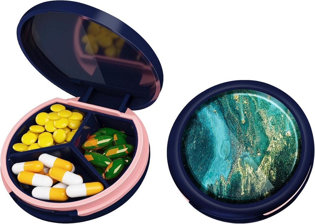 Serfeymi Small Pill Box - 3 Compartments Portable Pill Box for Purse Pocket, Compact Mini Travel Pill Case - Suitable for Medicine, Vitamin, Fish Oil, Supplements - Dark Blue(Emerald Tide)