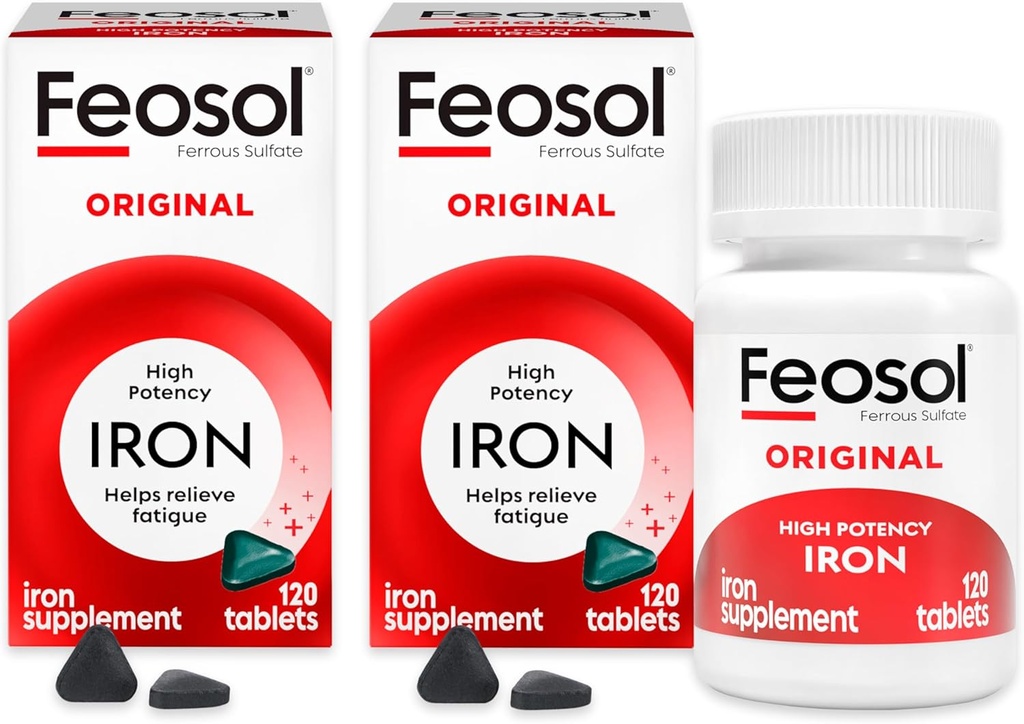 Feosol Original jerntilskud tabletter, non- heme 325mg Ferrosulfate (65mg Elemental Iron) per pille, 1 per dag, 4 måneder Supply, for Energy and immun System Support (120 ct Pack of 2)