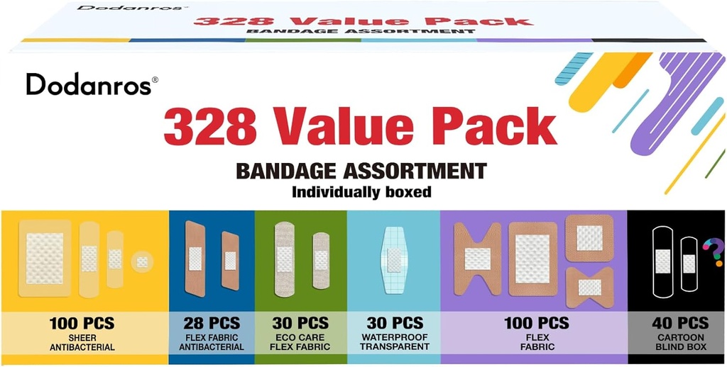 Variety Bandages Pack, 328ct Assorted Bulk Forskellige størrelser, figurer og funktioner Note 124; Sheer & Flex Fabric med Benzalkonium, ECO Bamboo Fabric, Vandtæt, Cartoon Blind Box duftstoffer