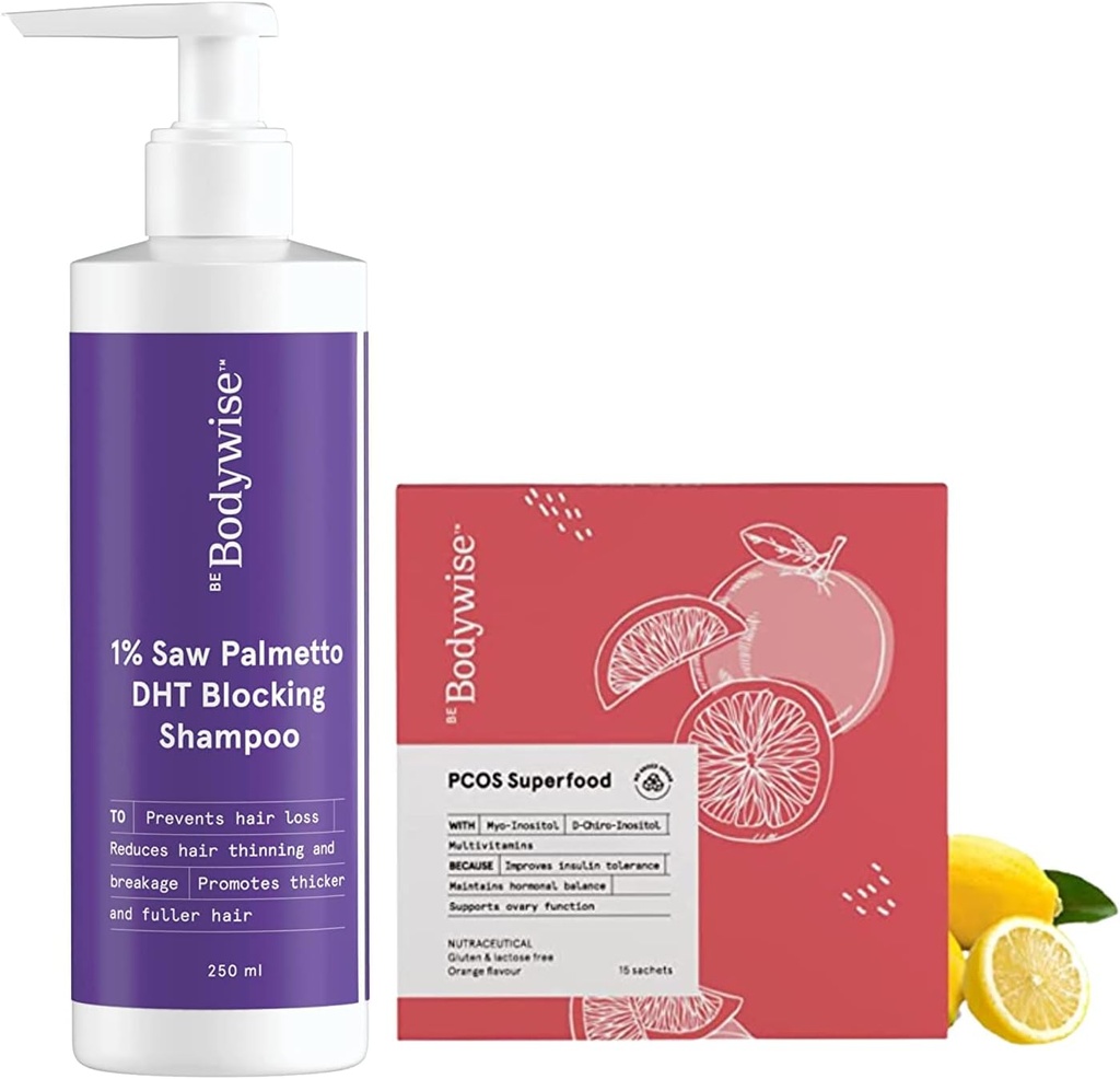 Metrol Be Bodywise PCOS Superfood 15 Sachets og 1% Saw Palmetto DHT Blocking Shampoo til kvinder 250 ml