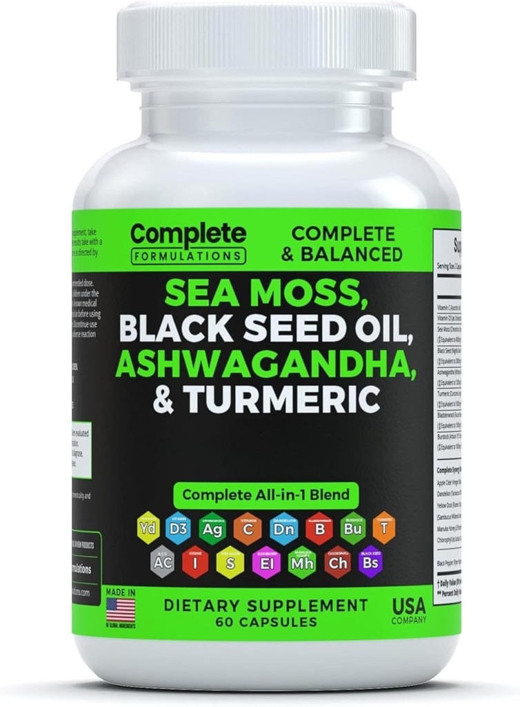 Sea Moss Supplement Blend med Black Seed Oil Ashwagandha Turmerisk Bladerwrack, Burdock & C-vitamin & D3 med Elderberry Manuka Mælkebøtte Gul Dock Jod