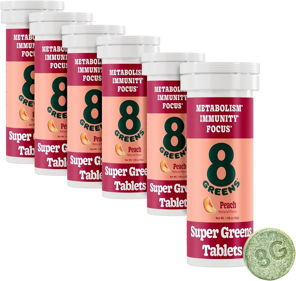 8Greens Supergreens Tablets Б124; Super Green Powder Superfood, Metabolisme Immunitet & Focus, Daily Green Effervescent Tablets, Organic: Aloe Vera, Spirulina, Chlorella, Peach, Tube 60 Servere.
