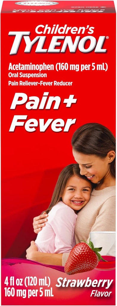 Børns Tylenol Oral Suspension Medicin, Kids 'flydende medicin Smerte Reliever & Feber Reducer for Cold + Flu Symptomer, Aspirin-, Ibuprofen- & Alkohol- Gratis, Jordbær, 4 fl. oz