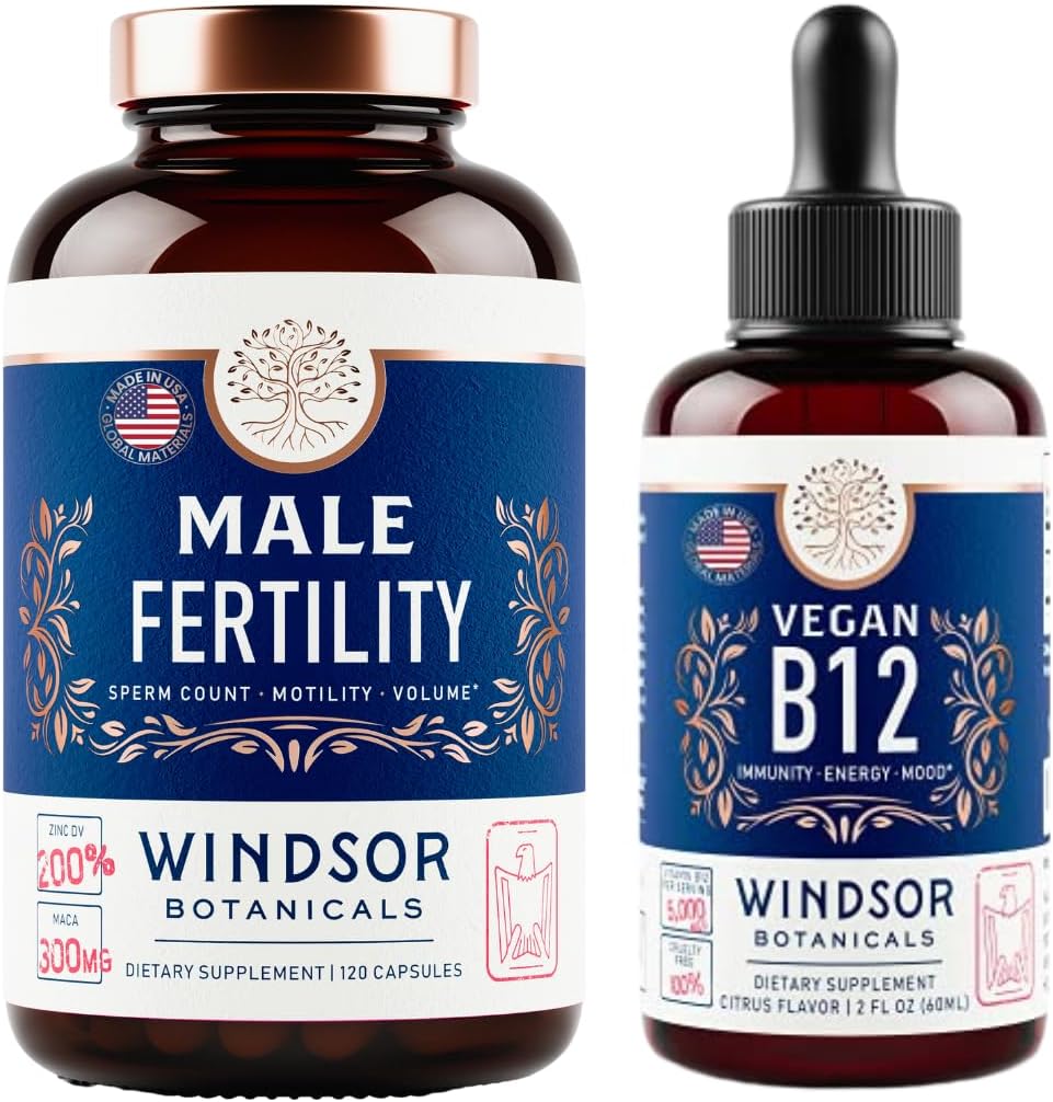 WINDSOR BOTANICALS Vegansk vitamin B12 og mandlig fertilitet tillæg med Maca Root - energi og fertilitet Bundle