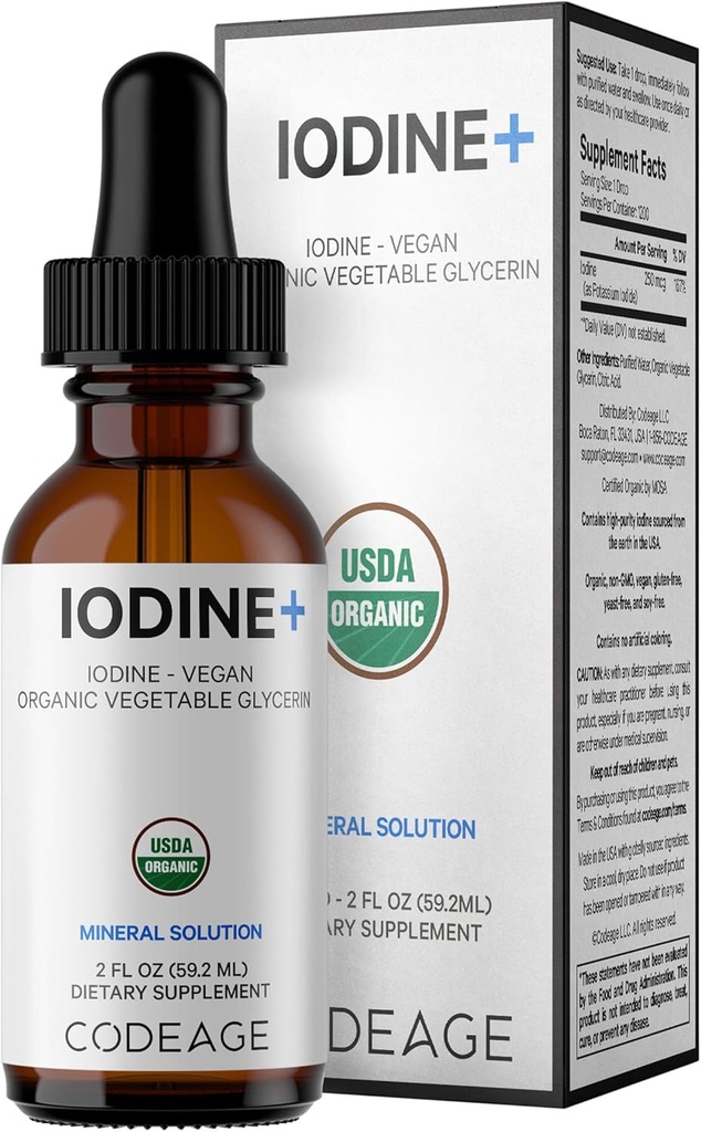 Kodeage USDA Certified Organic Jod Drops - 250 Mcg Per Serving - 1 + År Supply - Flydende Iodide Supplement - Pure, Clear Jod - Vegansk Kalium Jod Liquid Drop - 2 fl oz